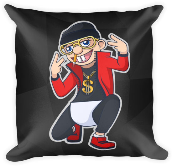 Jeffy 桌布 壁紙 — 一個穿著紅色外套和金色鏈條的卡通饒舌歌手在黑色枕頭上擺出和平手勢。