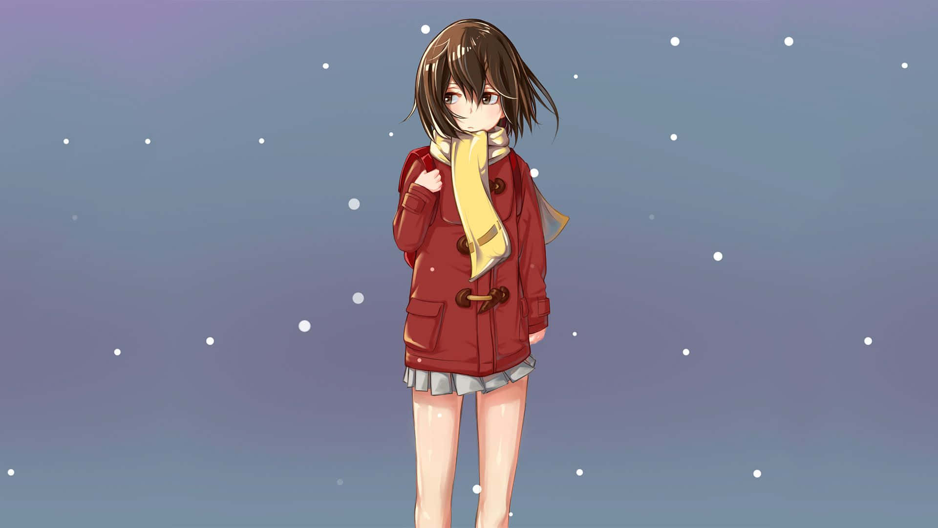 Erased 桌布 壁紙 — 一個穿著紅色外套和黃色圍巾的年輕動漫女孩，站在飄雪的暮色天空下。