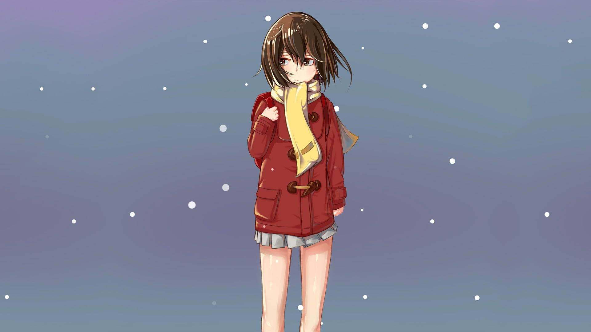 Erased 桌布 壁紙 — 一個穿著紅色外套和黃色圍巾的年輕動漫女孩，站在柔和的紫藍色天空下，雪花飄落。