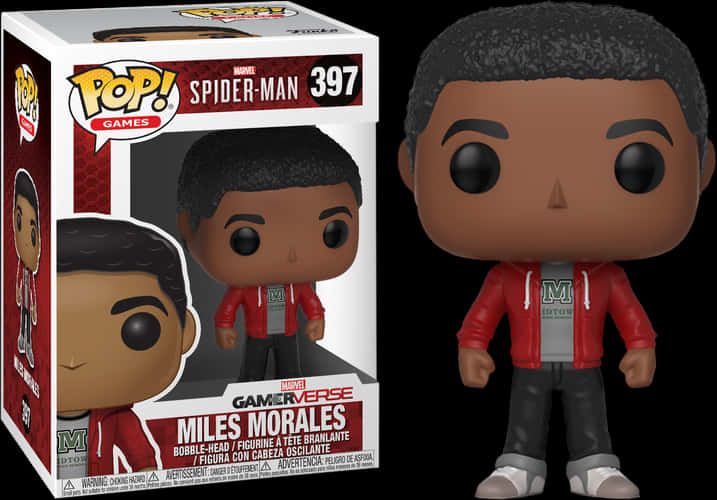 Funko Pop 桌布 壁紙 — 一個穿著紅色外套的Miles Morales Funko Pop! 人偶站在他的收藏盒旁邊，背景為黑色。