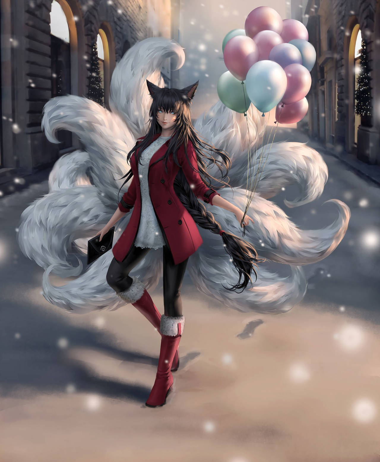 阿璃 桌布 壁紙 — 一個穿著紅色外套的九尾狐女孩，拿著粉彩氣球走在雪白的城市街道上。
