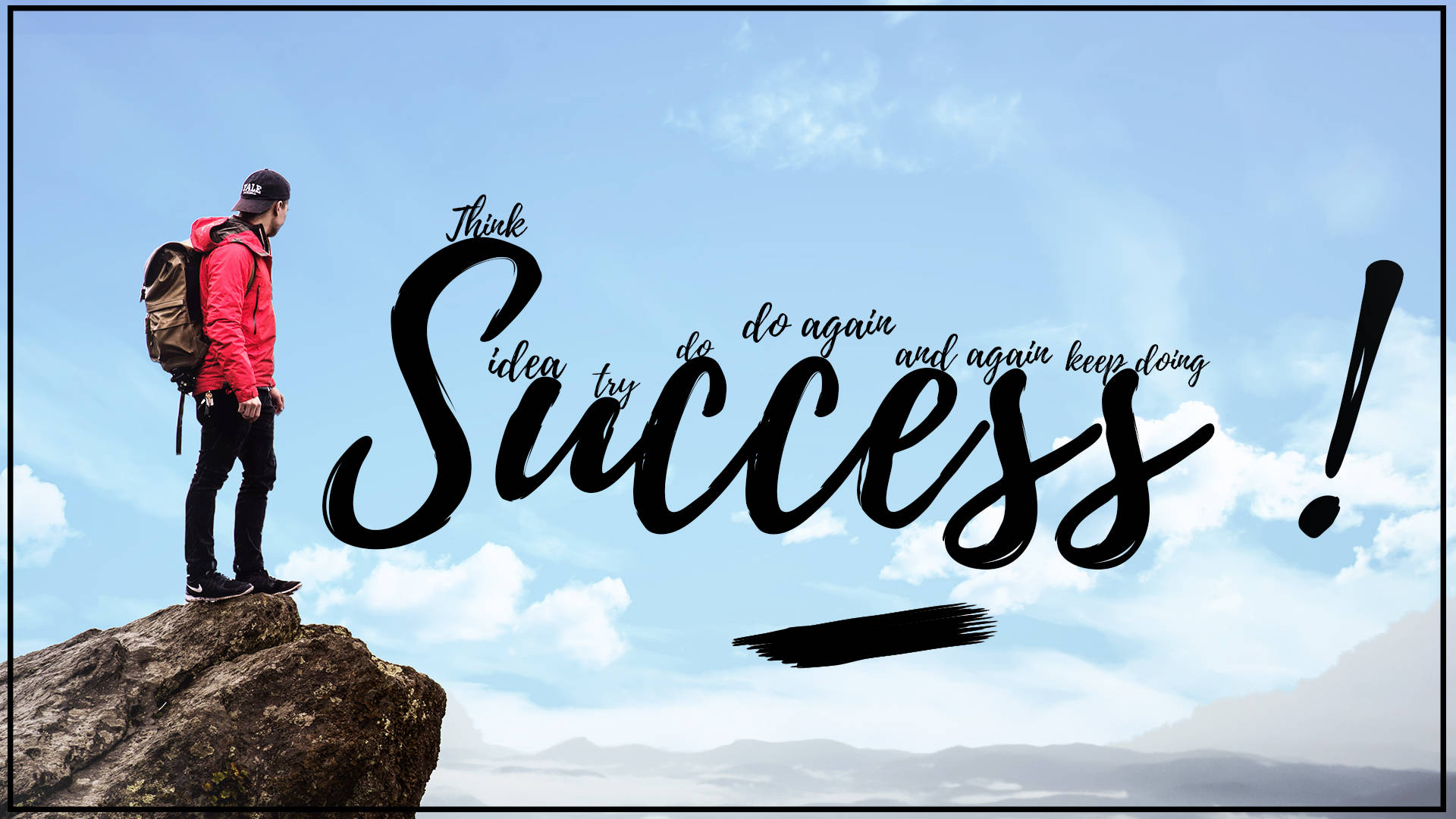 Success 桌布 壁紙 — 一個穿著紅色外套的人站在岩石懸崖頂上，俯瞰遠山，藍天白雲，並帶有勵志文字覆蓋。
