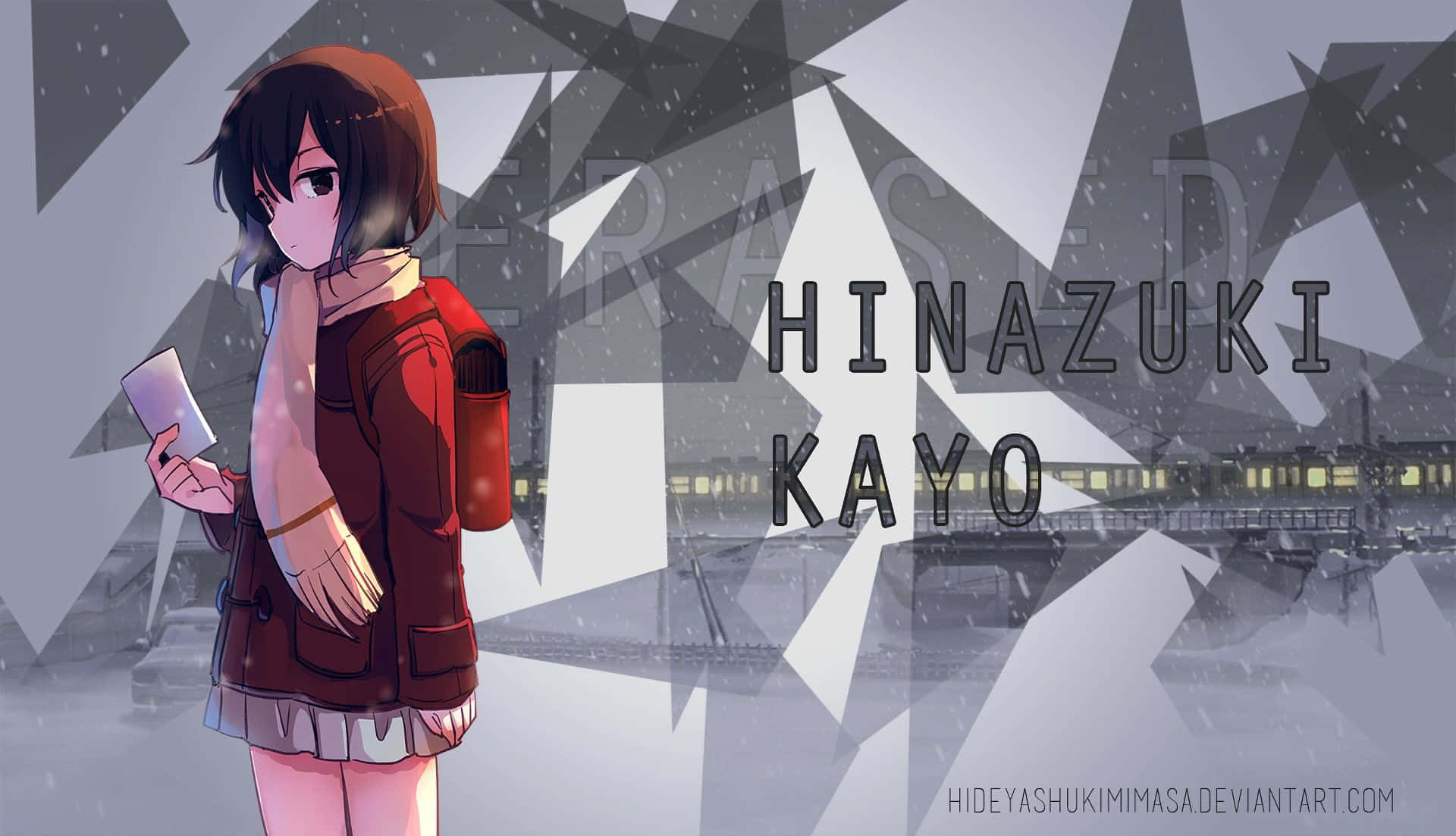 Erased 桌布 壁紙 — 一個穿著紅色外套的動漫女孩站在雪景城市場景中，手持電話，背景有幾何形狀和火車站。