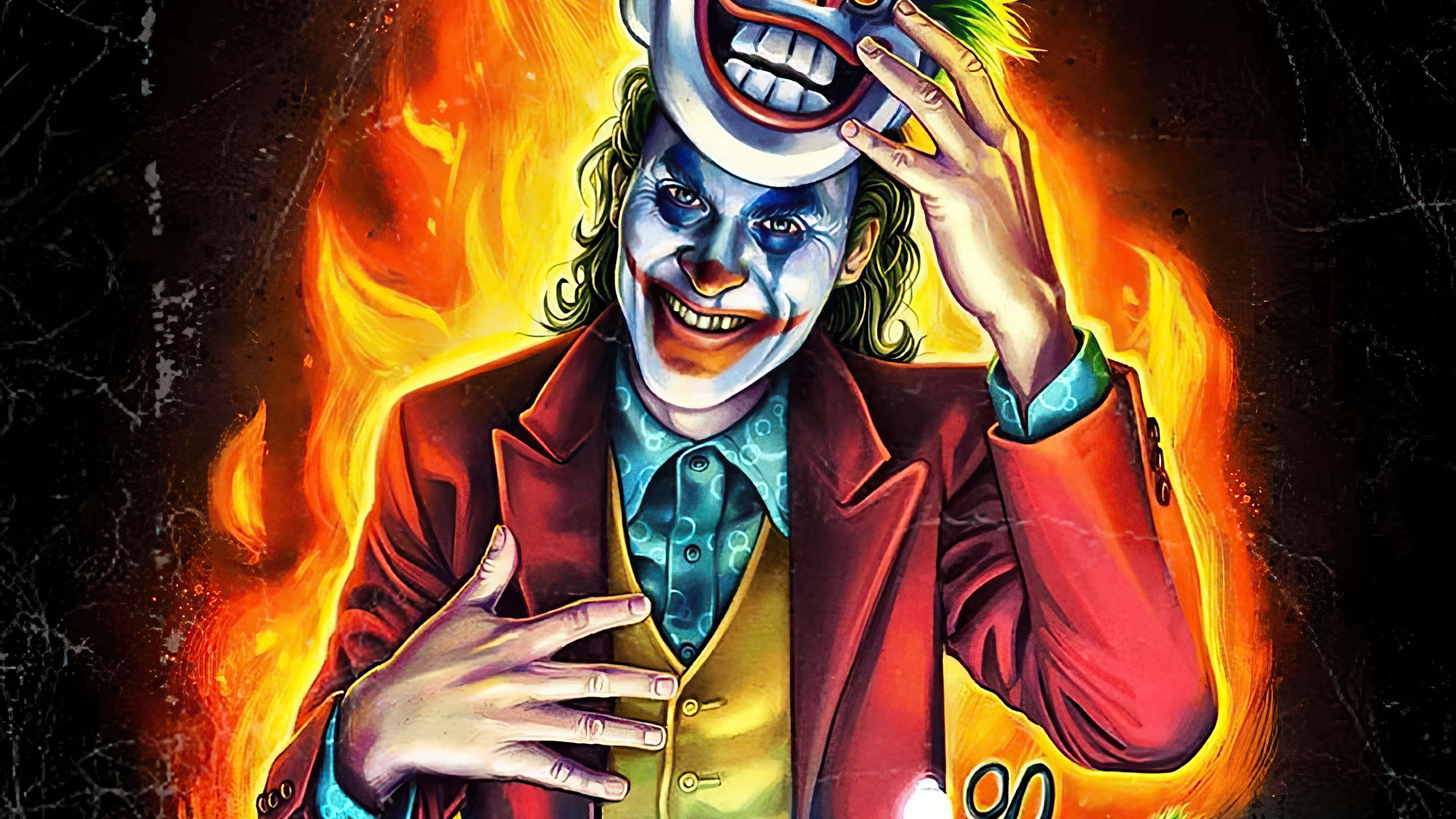 小丑 桌布 壁紙 — 一個穿著紅色外套的威脅性小丑，在裂開的黑色背景前，火焰在他身後爆發，他手持帽子。