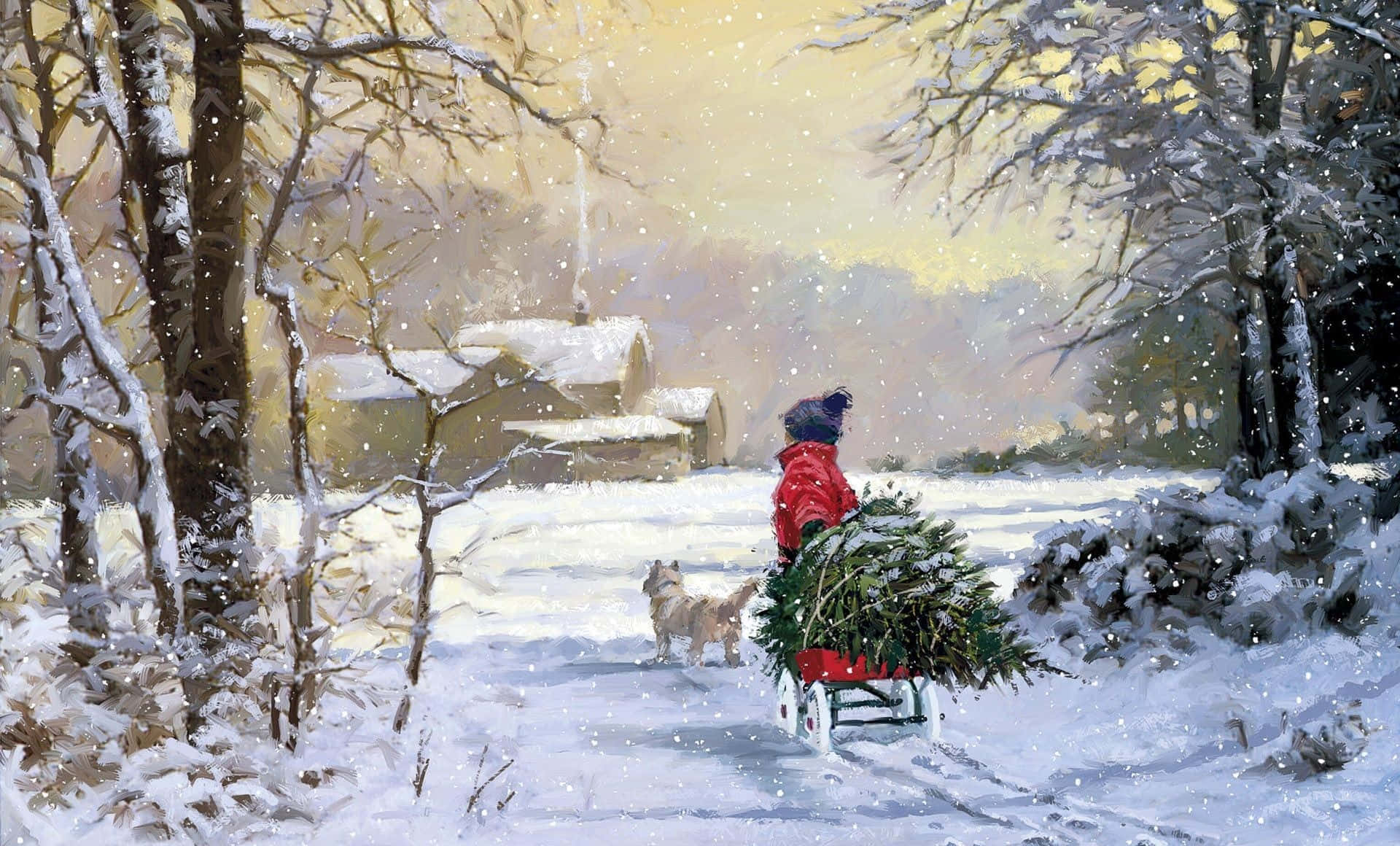 Winter Painting 桌布 壁紙 — 一個穿著紅色外套的小孩拖著載有聖誕樹的雪橇，穿過白雪覆蓋的森林小徑，雪花在他們周圍飄落。
