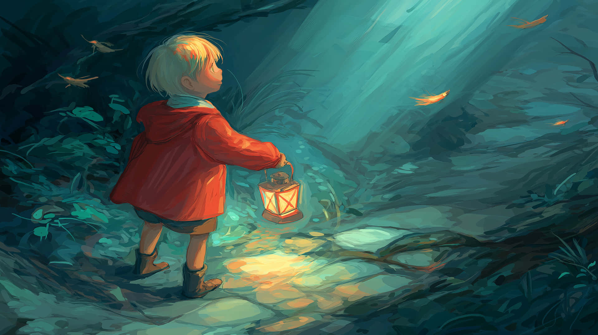 Young Child Exploring Enchanted Forest with a Glowing Lantern 壁紙 — 一個穿著紅色外套的小孩拿著發光的燈籠，照亮長滿青苔的森林小徑，金色樹葉在青綠色光芒中飄舞。