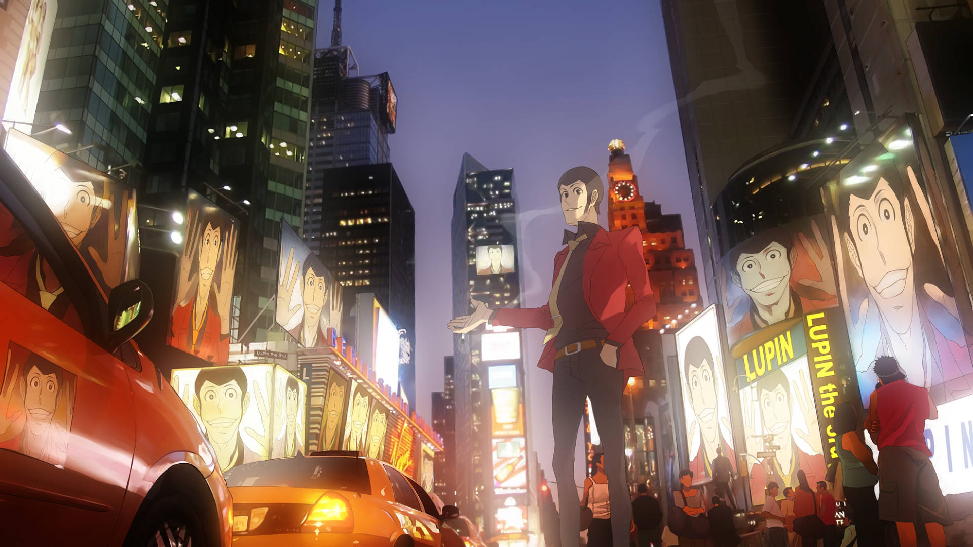 Lupin 桌布 壁紙 — 一個穿著紅色外套的巨型動漫角色，在黃昏時分矗立於繁華城市中高聳的摩天大樓和發光的廣告牌之間。