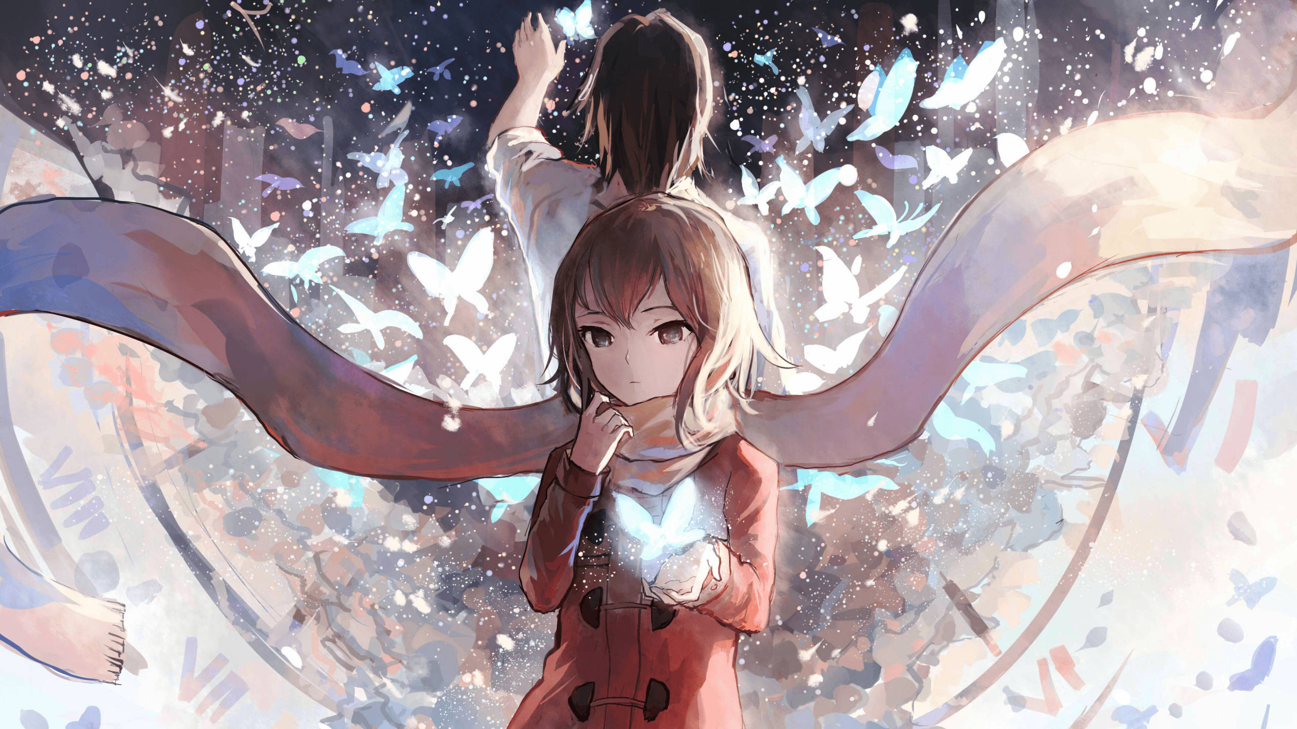Erased 桌布 壁紙 — 一個穿著紅色外套的年輕動漫女孩手持發光球體，蝴蝶在她和身後的人物周圍盤旋。