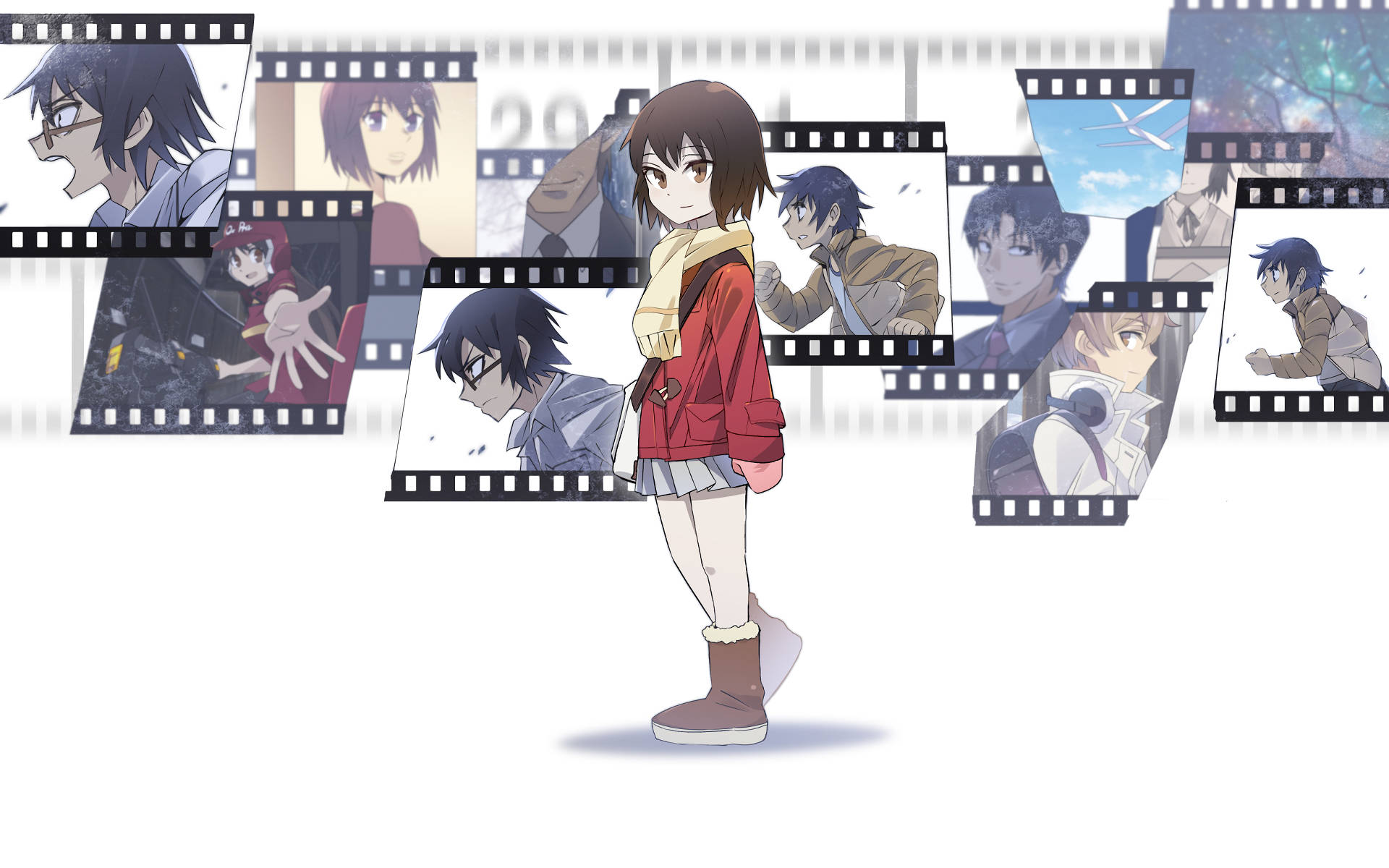Erased 桌布 壁紙 — 一個穿著紅色外套的年輕動漫女孩站在舞台中央，周圍漂浮著顯示其他角色在不同場景中的電影膠片條。