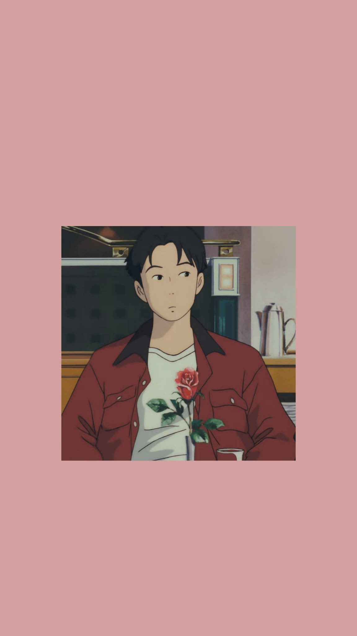 waves 桌布 壁紙 — 一個穿著紅色外套的年輕動漫男子在柔和粉紅色背景的廚房裡拿著一朵紅玫瑰。