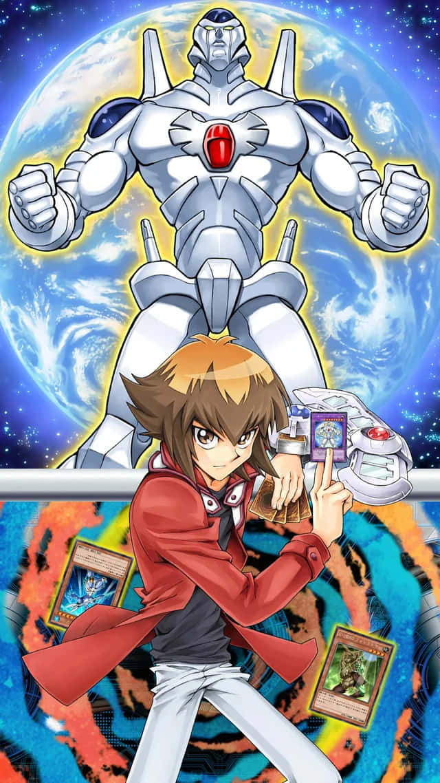 Jaden Yuki 桌布 壁紙 — 一個穿著紅色外套的年輕動漫男孩，在旋轉的藍色星球背景下，於巨大的銀色機器人前手持決鬥卡。