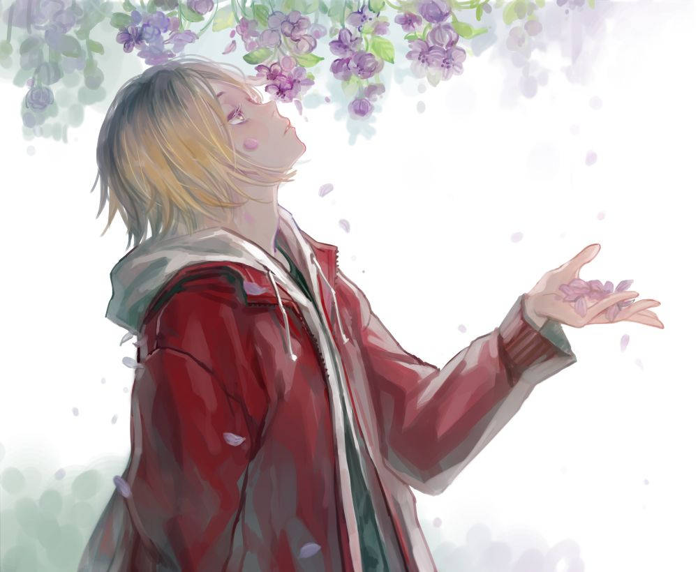 Kenma 桌布 壁紙 — 一個穿著紅色外套的年輕動漫角色，以平靜的表情仰望飄落的紫色紫藤花。
