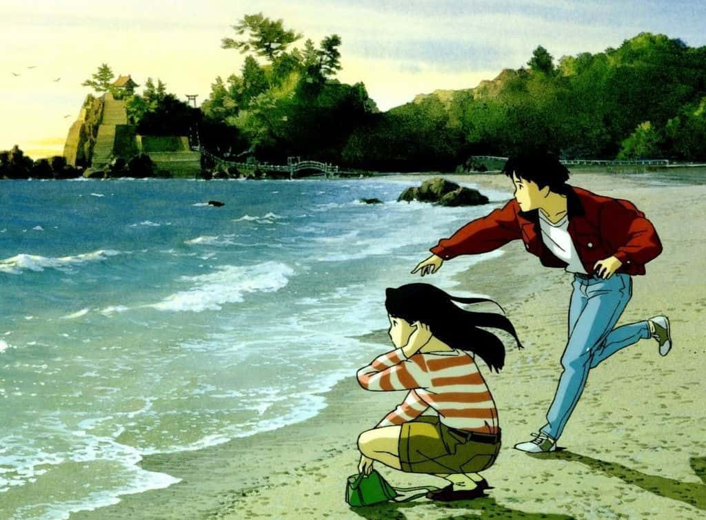 Studio Ghibli Ocean Waves 桌布 壁紙 — 一個穿著紅色外套的年輕男子跑向一個蹲在海邊的女孩，附近有海浪拍打。