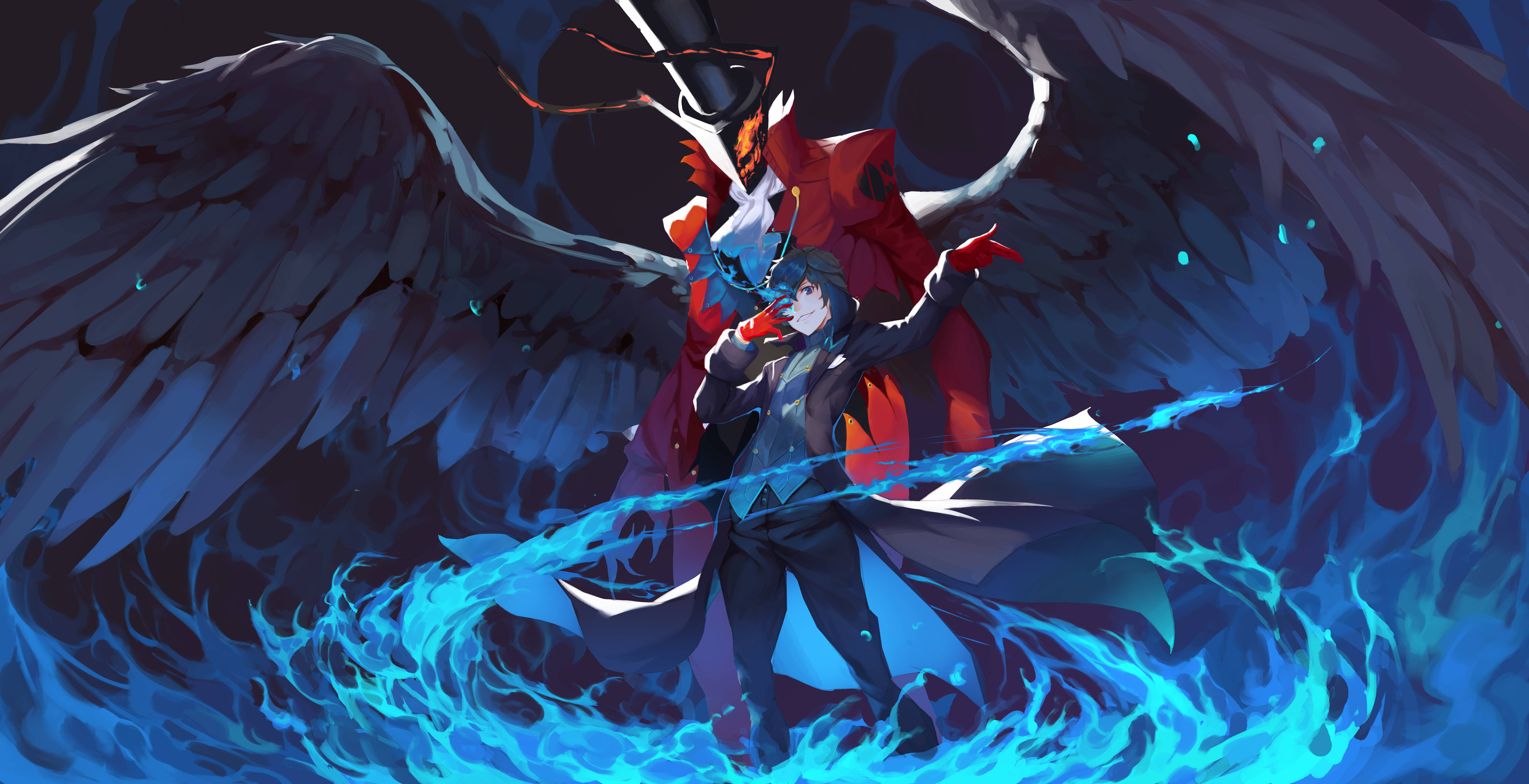 ren amamiya 桌布 壁紙 — 一個穿著紅色外套的暗翼動漫角色，在陰暗背景下揮舞著發光的藍色能量。