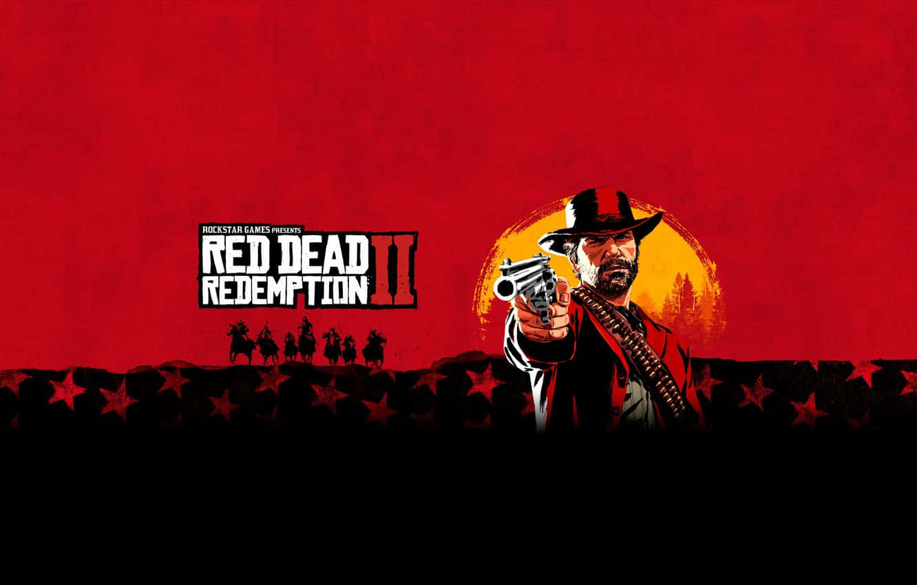 arthur morgan 桌布 壁紙 — 一個穿著紅色外套的牛仔，在火紅的日落背景下，瞄準一把左輪手槍，背景有剪影騎手和遊戲標誌。