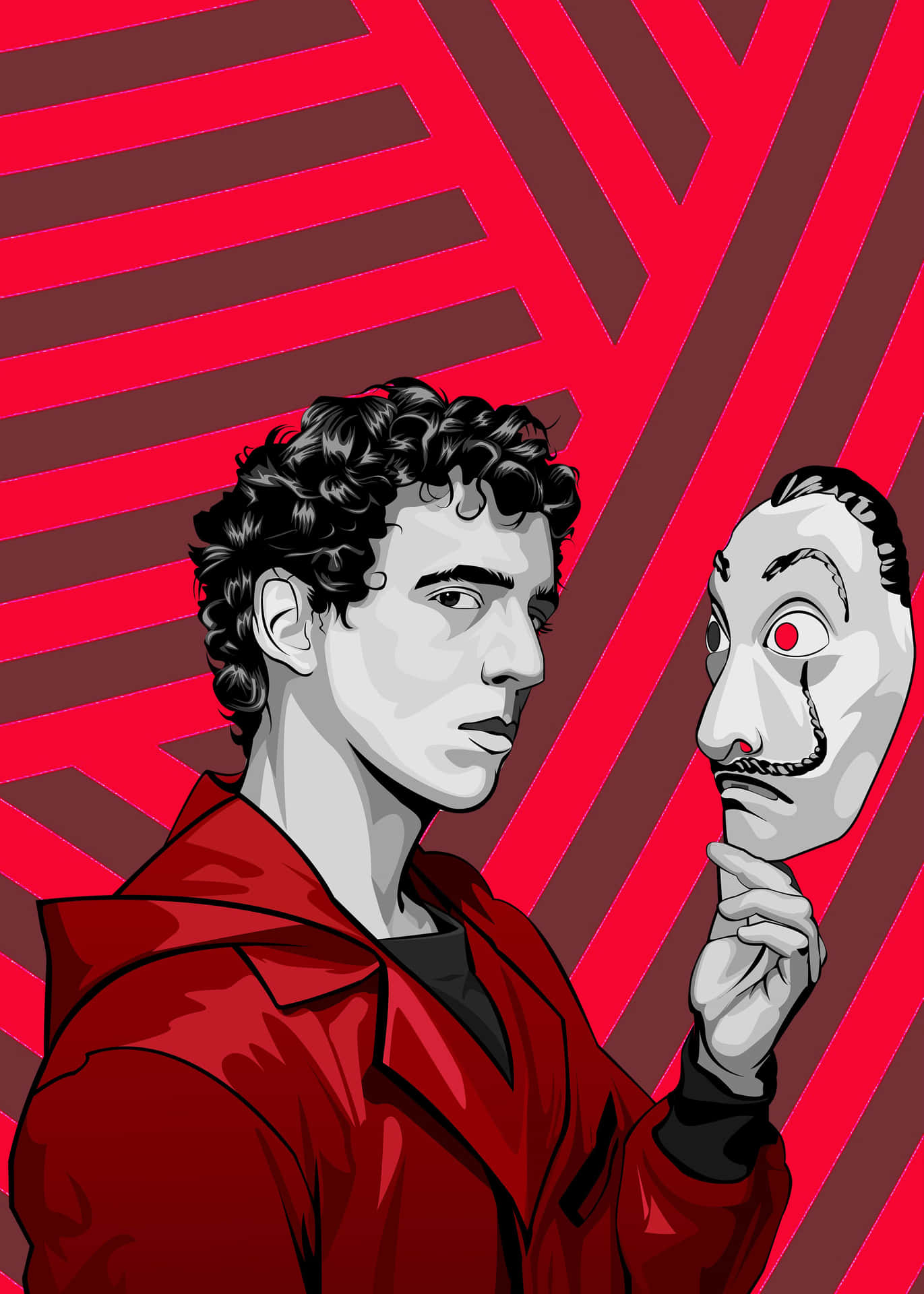 Money Heist Mask 桌布 壁紙 — 一個穿著紅色外套的男人，在鮮明的紅色和栗色條紋背景前，拿著一個有紅色眼睛的白色面具。