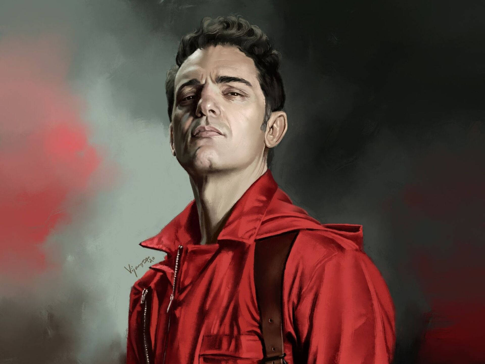 Berlin Money Heist 桌布 壁紙 — 一個穿著紅色外套的男人在煙霧瀰漫的灰色和紅色背景中，戲劇性的燈光下向上凝視。