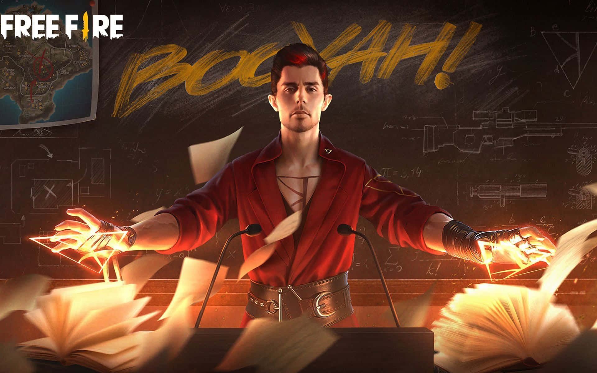 Hip Hop Free Fire 桌布 壁紙 — 一個穿著紅色外套的男人站在講台上，雙手發光，紙張在他周圍飛舞，背景是黑板。