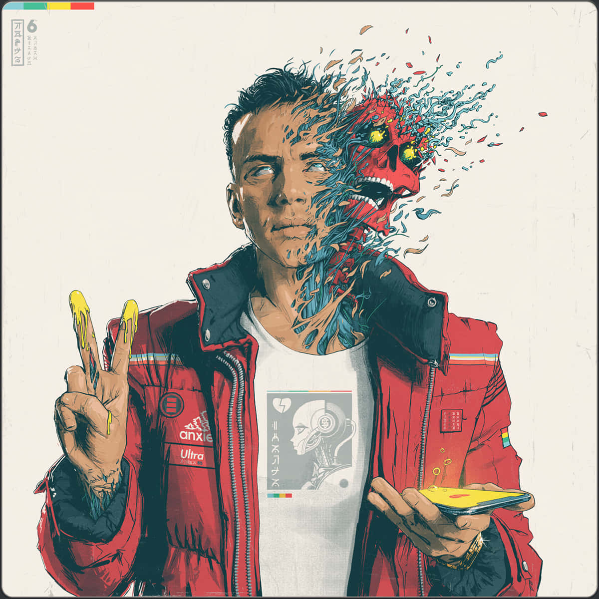 Cover Art 桌布 壁紙 — 一個穿著紅色外套的男人變身成一個紅色骷髏頭，眼睛發光，彩色粒子從他的頭部爆炸出來。
