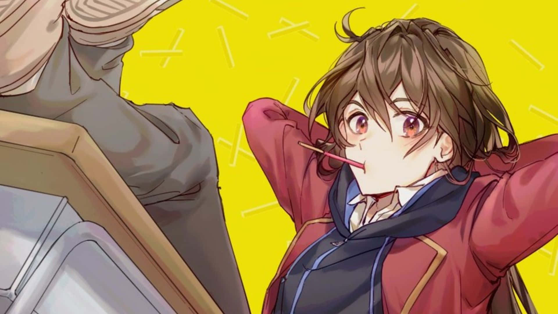 Duo Maxwell 桌布 壁紙 — 一個穿著紅色外套的開朗動畫女孩，在明亮的黃色背景上帶著頑皮的表情向後靠。