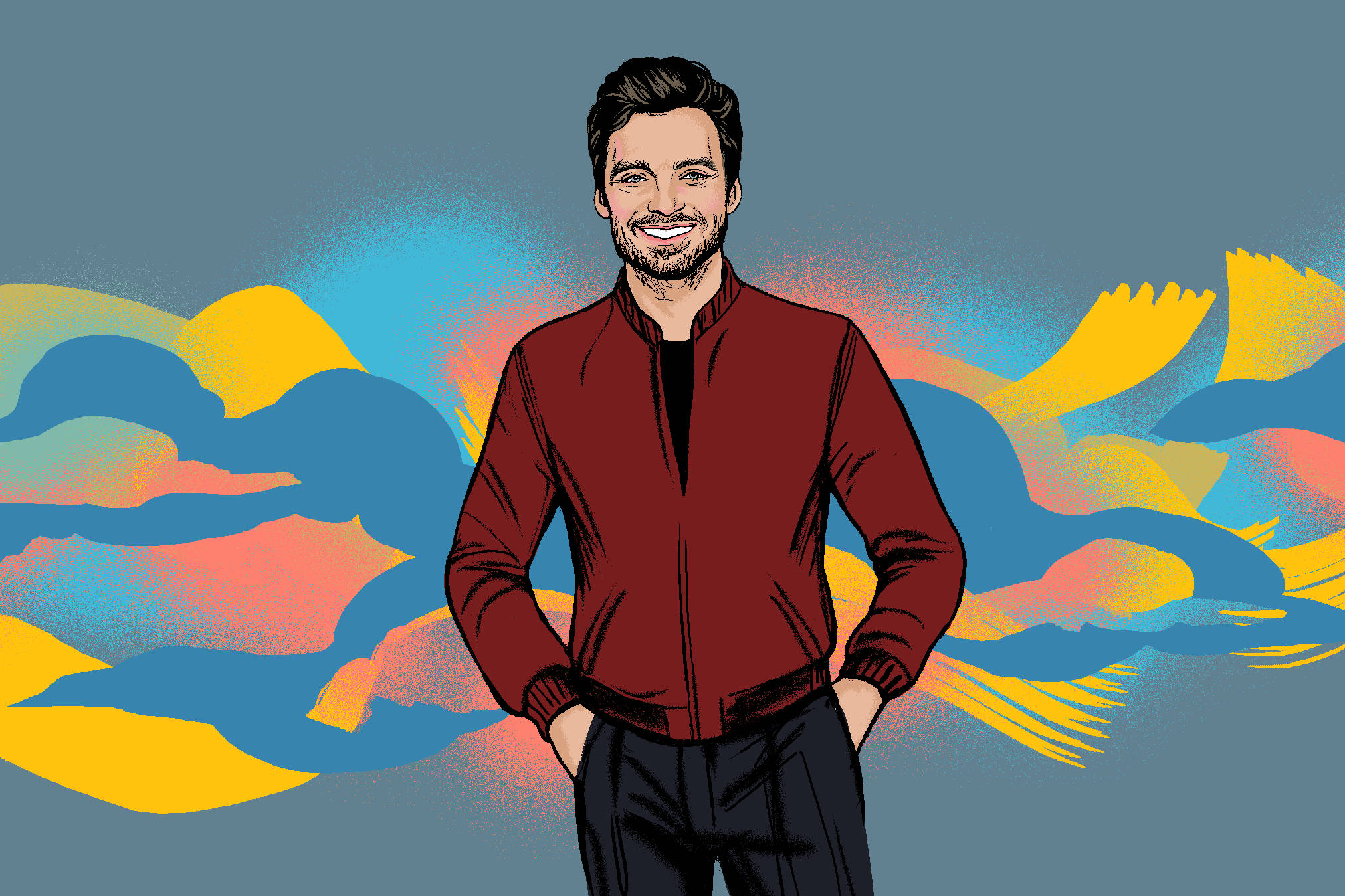 Sebastian 桌布 壁紙 — 一個穿著紅色外套的開朗男子自信地站在一個充滿活力的抽象背景前，背景有旋轉的藍色、黃色和橙色。