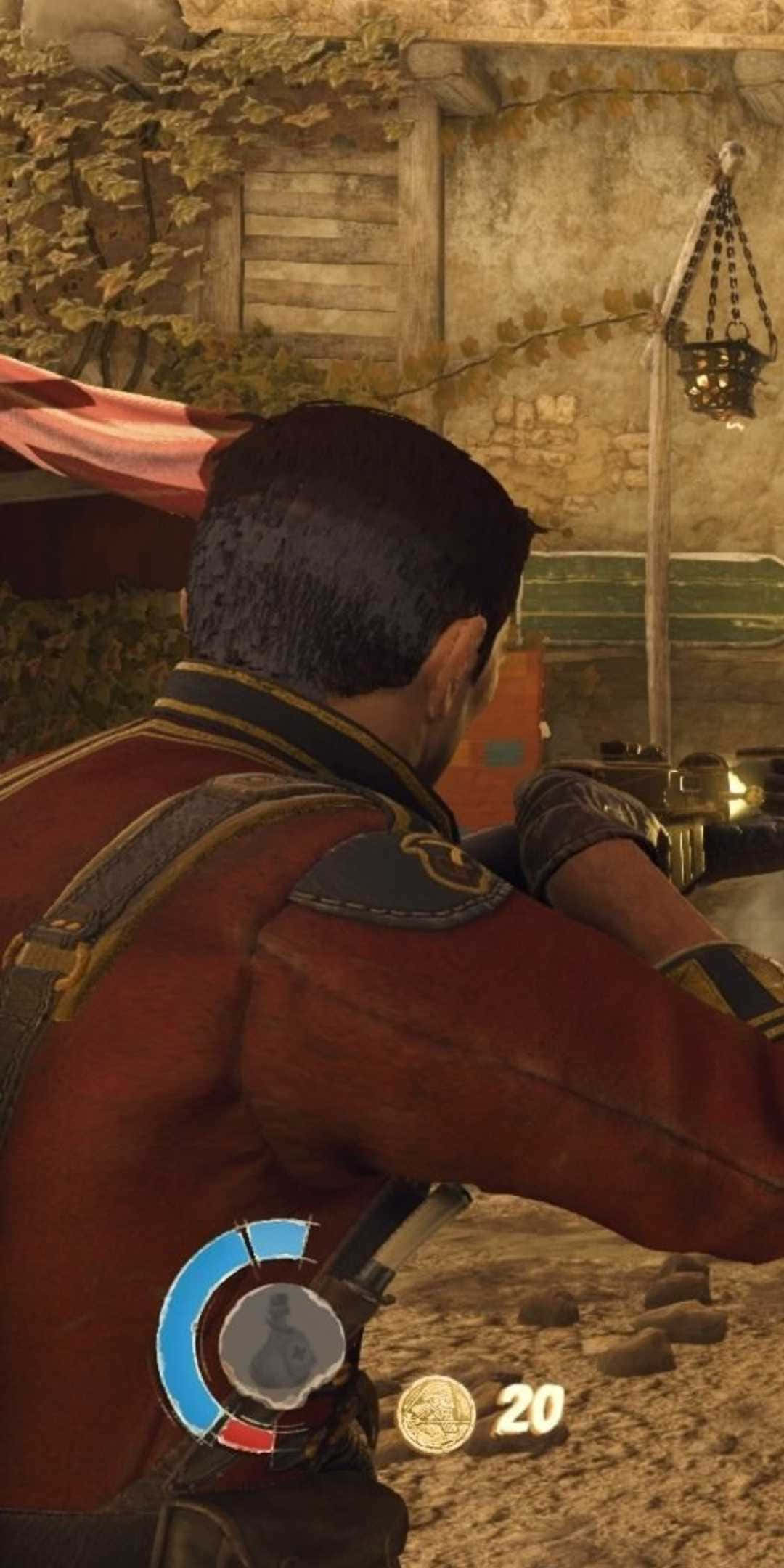 Pixel 3 Strange Brigade 桌布 壁紙 — 一個穿著紅色外套的電子遊戲角色在質樸的戶外環境中從掩體後瞄準武器。