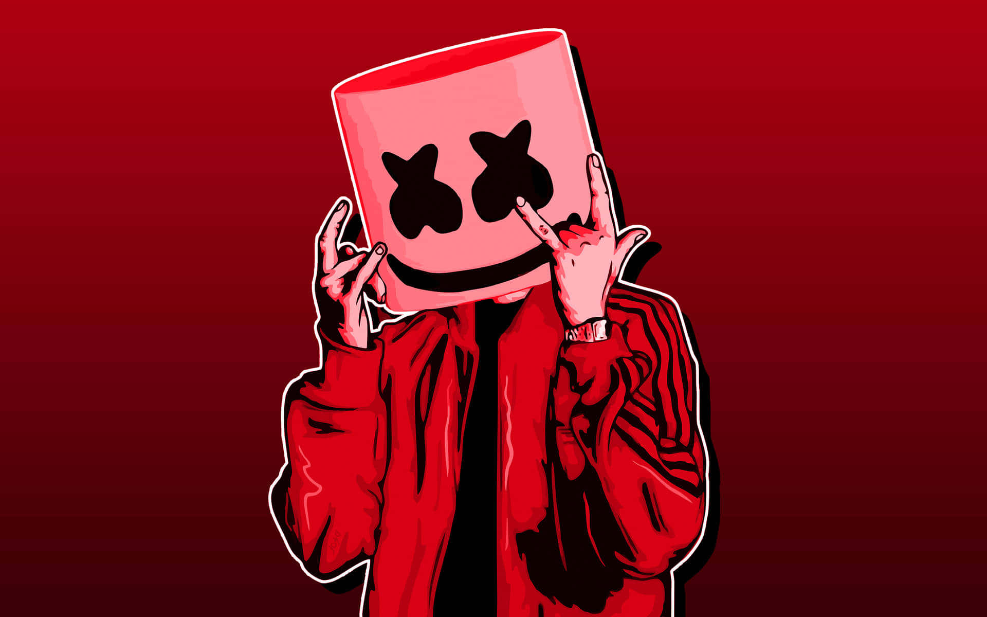 Marshmello 動態圖 桌布 壁紙 — 一個穿著紅色外套的風格化人物，在漸變紅色背景前拿著一個有黑色眼睛和微笑的粉紅色棉花糖面具。
