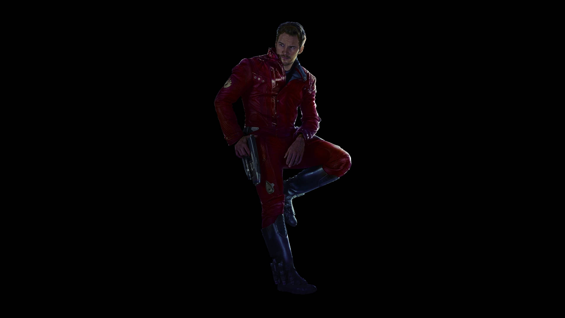 Chris Pratt 桌布 壁紙 — 一個穿著紅色太空衣的男人在黑色背景下蹲著，手持槍支。