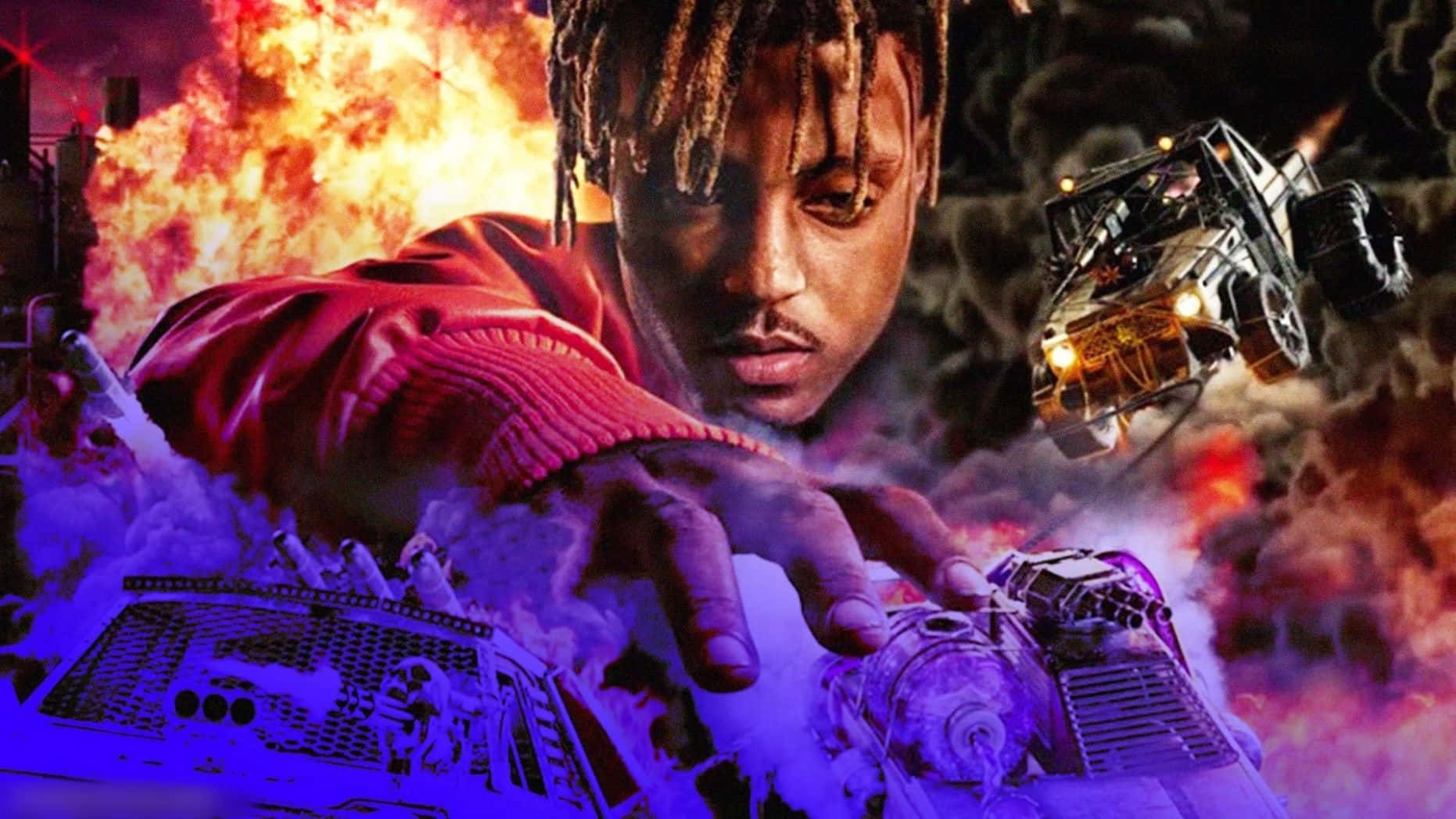 一個穿紅色夾克的男人在火焰和飛行車輛中與發光科技互動。 — Juice Wrld 壁紙