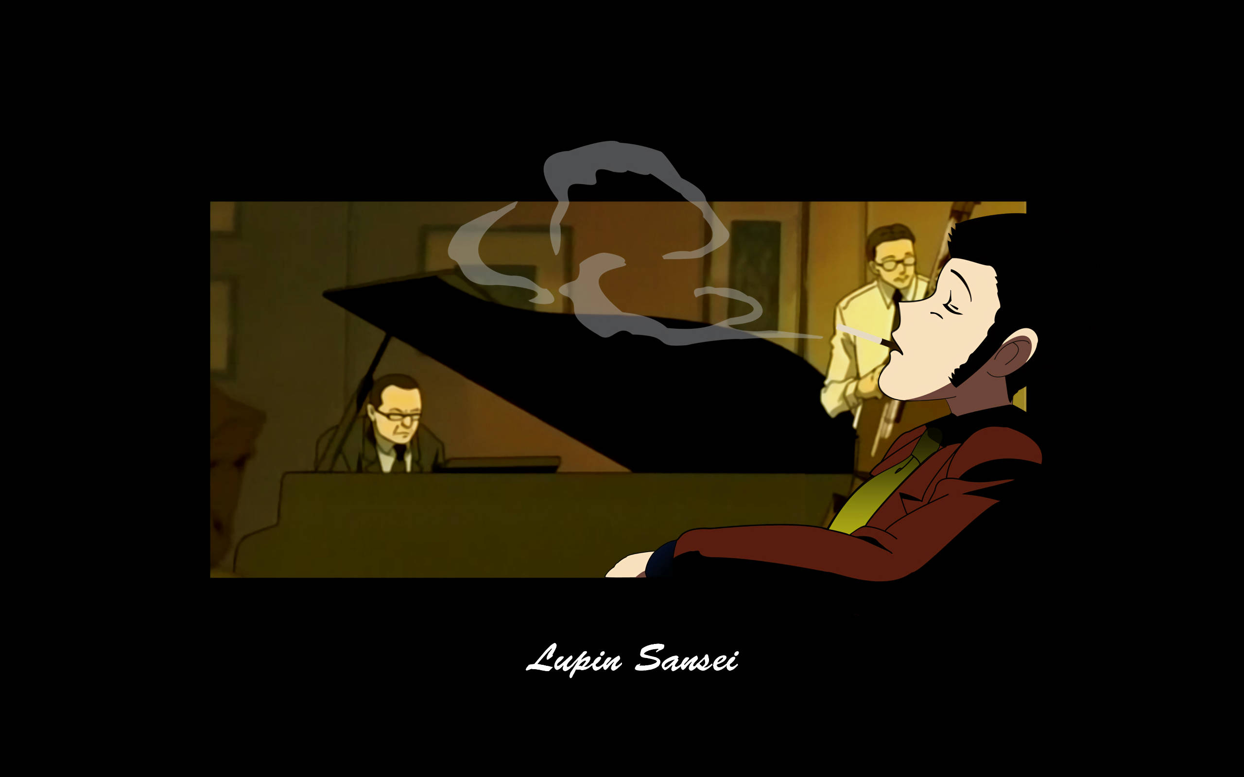 Lupin 桌布 壁紙 — 一個穿著紅色夾克的男人在三角鋼琴旁邊抽煙放鬆，另一個男人在背景彈奏。