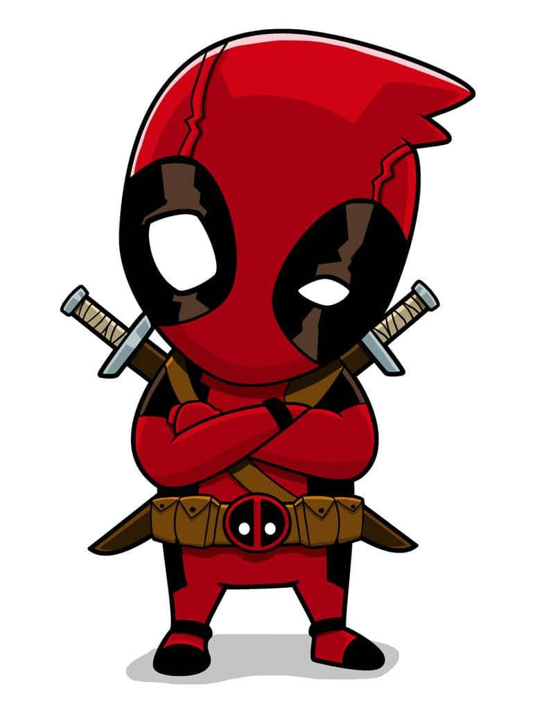 Deadpool Art 桌布 壁紙 — 一個穿著紅色套裝、手持交叉劍的Q版死侍，自信地站在純白色背景前。