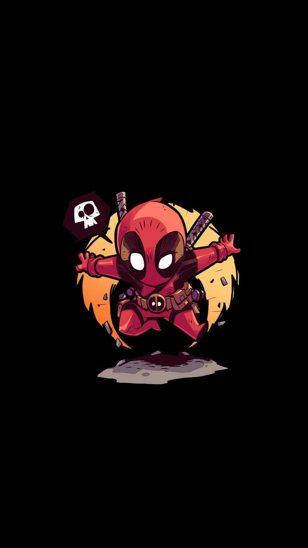 Deadpool Cartoon 桌布 壁紙 — 一個穿著紅色套裝、手持劍和骷髏標誌的Q版死侍，從黑色背景上的火黃色圓圈中衝出。