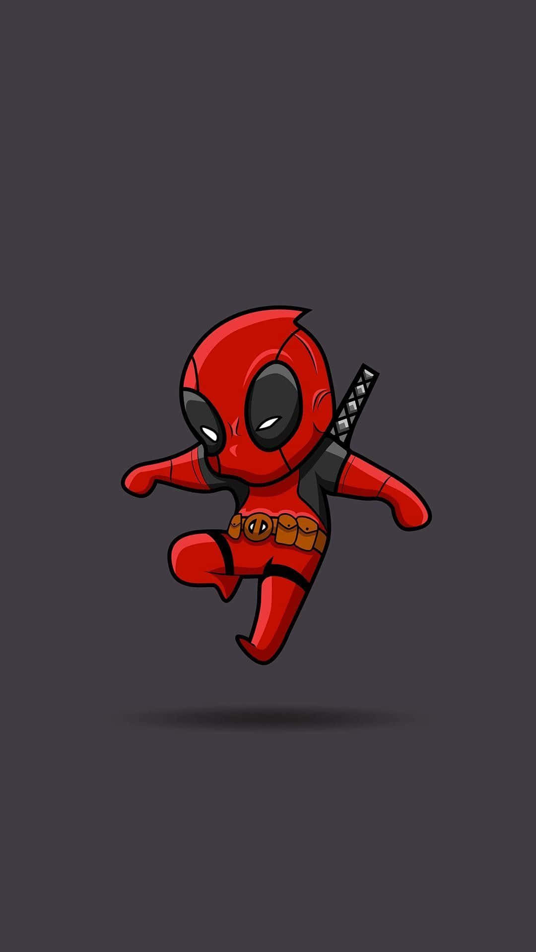 Deadpool Logo 桌布 壁紙 — 一個穿著紅色套裝的Q版死侍，背著武士刀，在深灰色背景上動態跳躍。