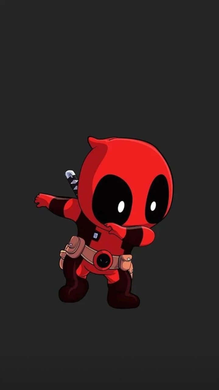 Deadpool Cartoon 桌布 壁紙 — 一個穿著紅色套裝的Q版死侍在深灰色背景前擺出俏皮的Dab姿勢。