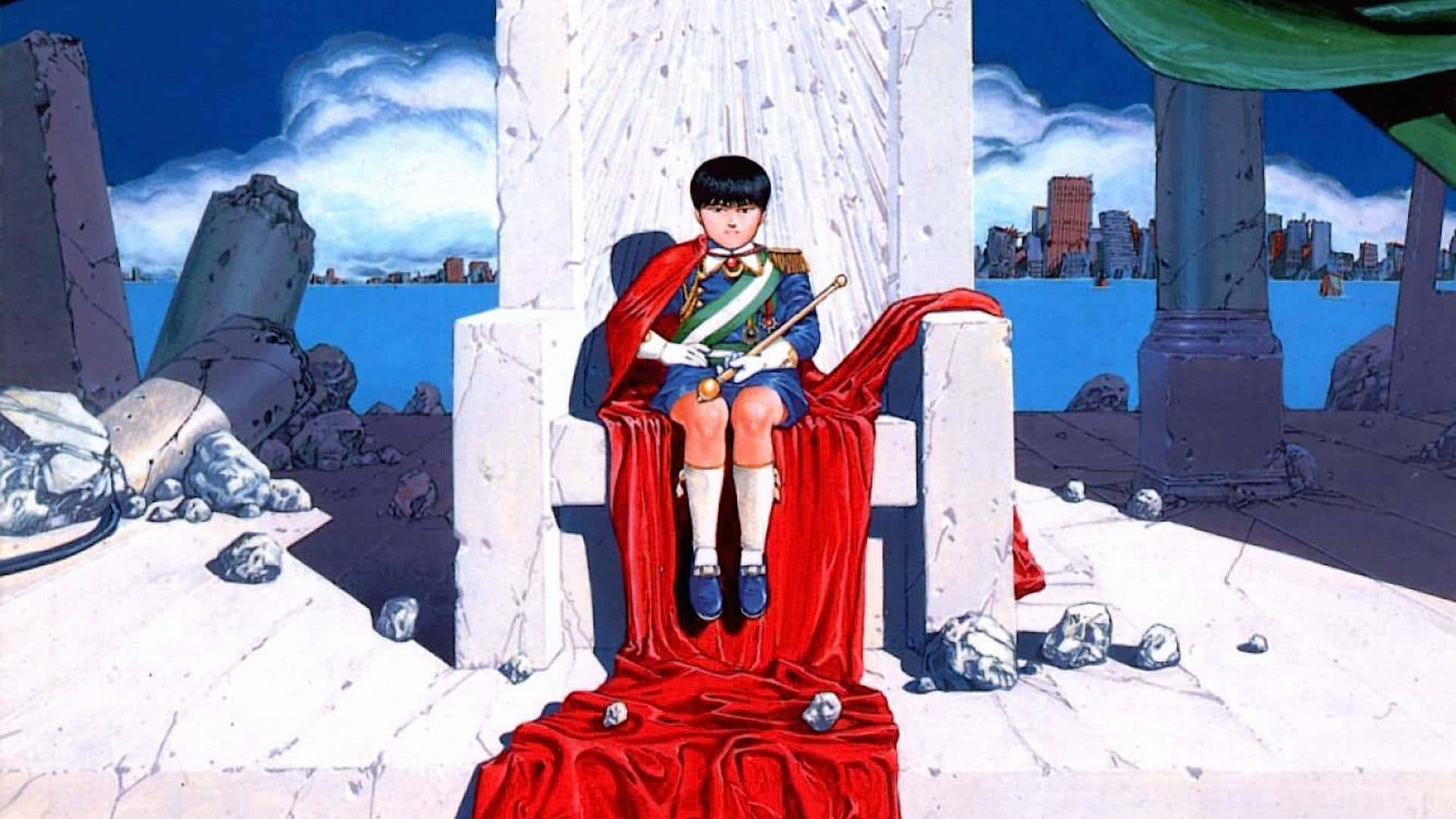 Throne 桌布 壁紙 — 一個穿著紅色斗篷和制服的小男孩，在廢墟中威嚴地坐在大理石寶座上，遠處是城市天際線。