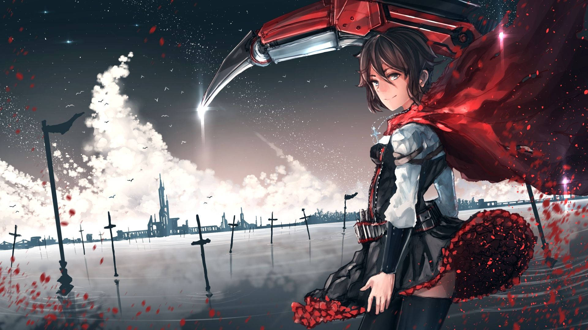 Rwby 桌布 壁紙 — 一個穿著紅色斗篷的年輕動漫女孩站在被水淹沒的墓地中，星空下，一隻紅色機械手臂懸在她頭頂。