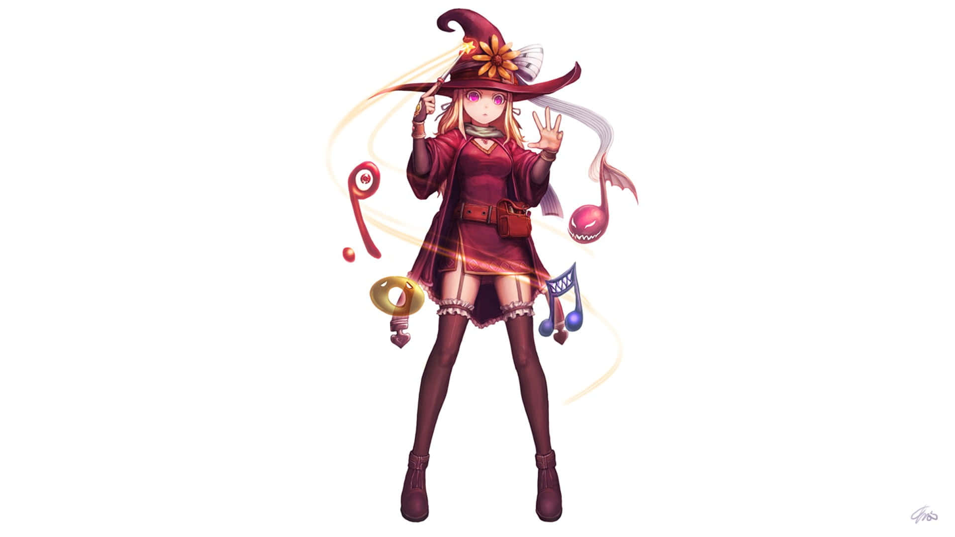Halloween Music 桌布 壁紙 — 一個穿著紅色服裝和帽子的開朗動畫女巫，在漂浮的音符和發光效果中揮手。