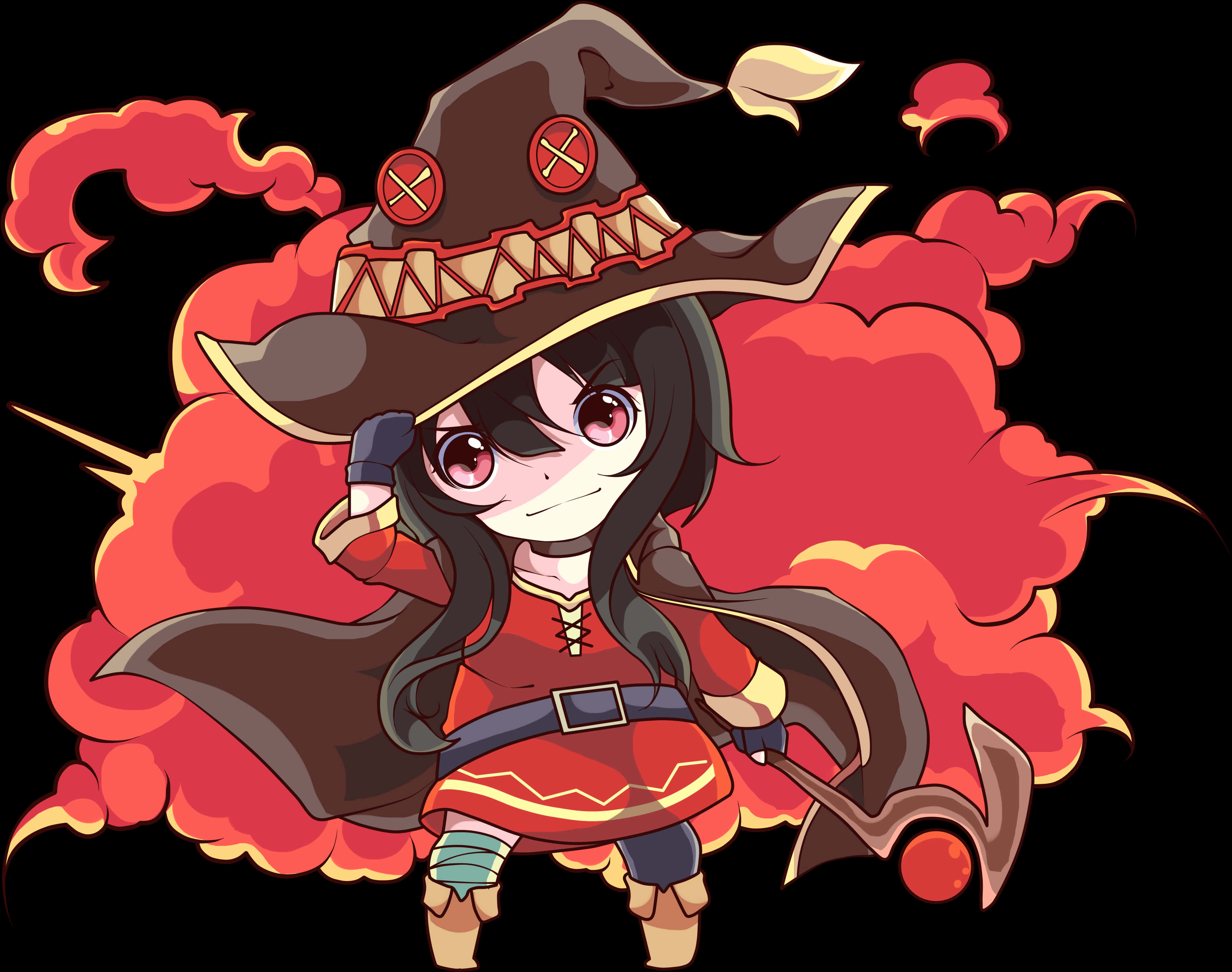 Megumin 桌布 壁紙 — 一個穿著紅色服裝和棕色帽子的Q版女巫自信地站在火紅的雲背景前。