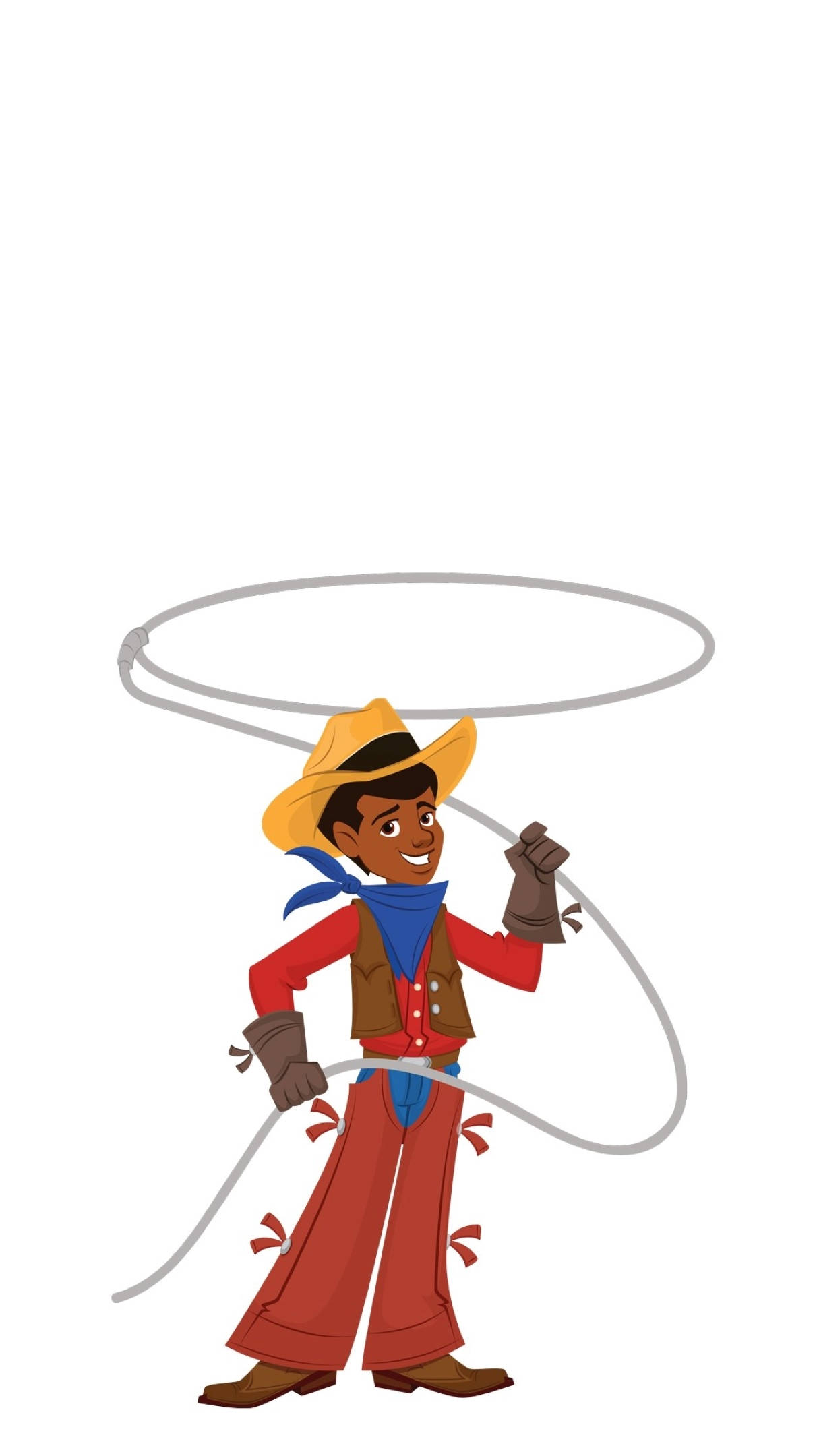Cowboy 桌布 壁紙 — 一個穿著紅色服裝和黃色帽子的快樂卡通牛仔在純白色背景上揮動套索。