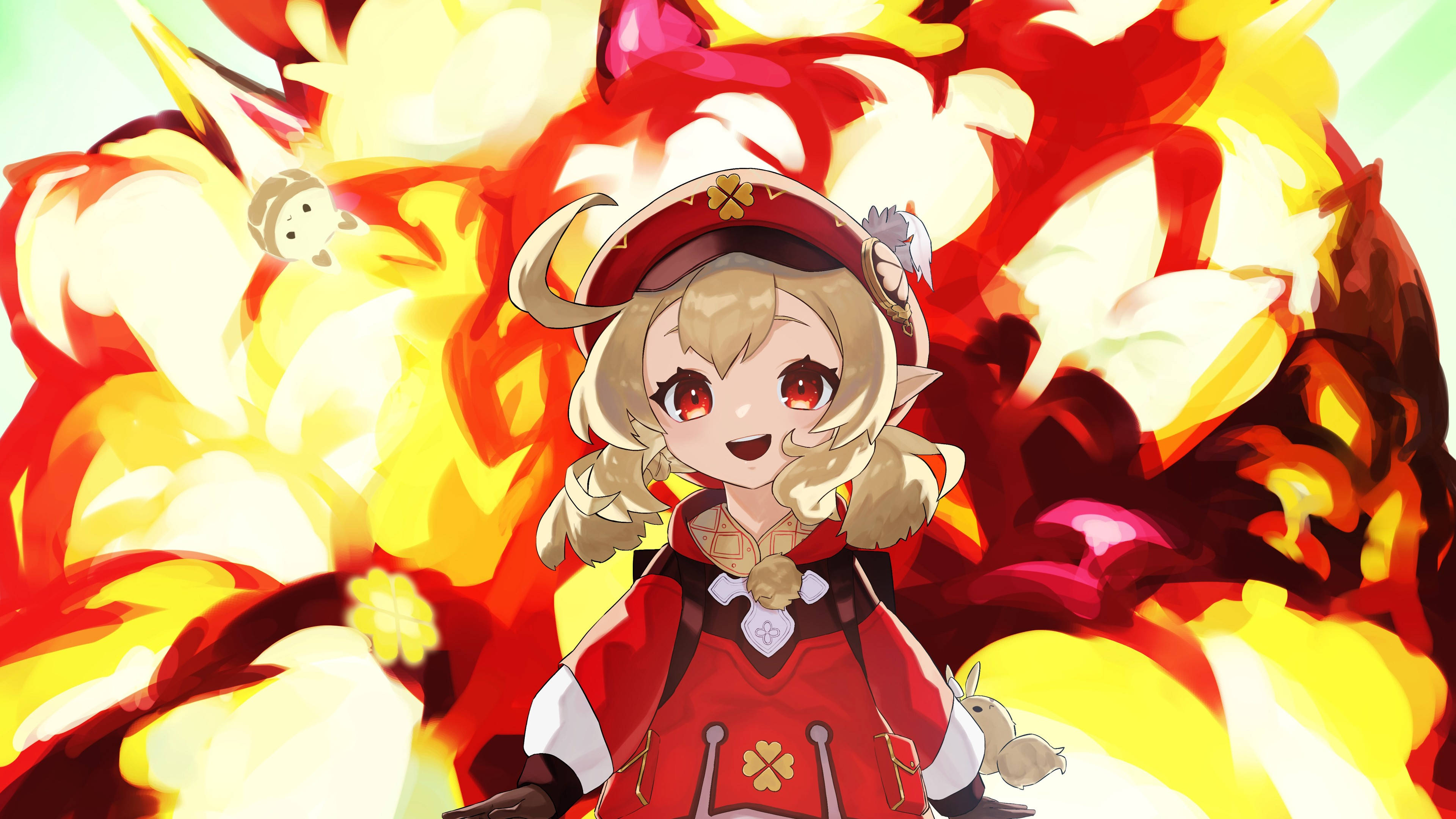 klee 桌布 壁紙 — 一個穿著紅色服裝的開朗動畫女孩站在橙色和黃色火焰的鮮豔爆炸前，附近有小生物漂浮。