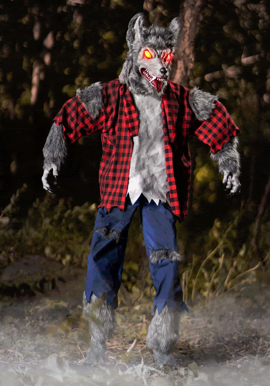 Werewolf Costumes 桌布 壁紙 — 一個穿著紅色格子襯衫和破爛牛仔褲的可怕狼人，站在黑暗的森林中，眼睛發出紅光，腳邊煙霧繚繞。