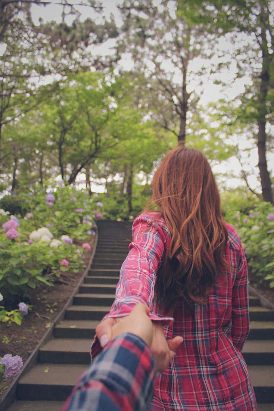 Relationship 桌布 壁紙 — 一個穿著紅色格子襯衫的人與另一個人手牽手，走過一個翠綠花園的石階。