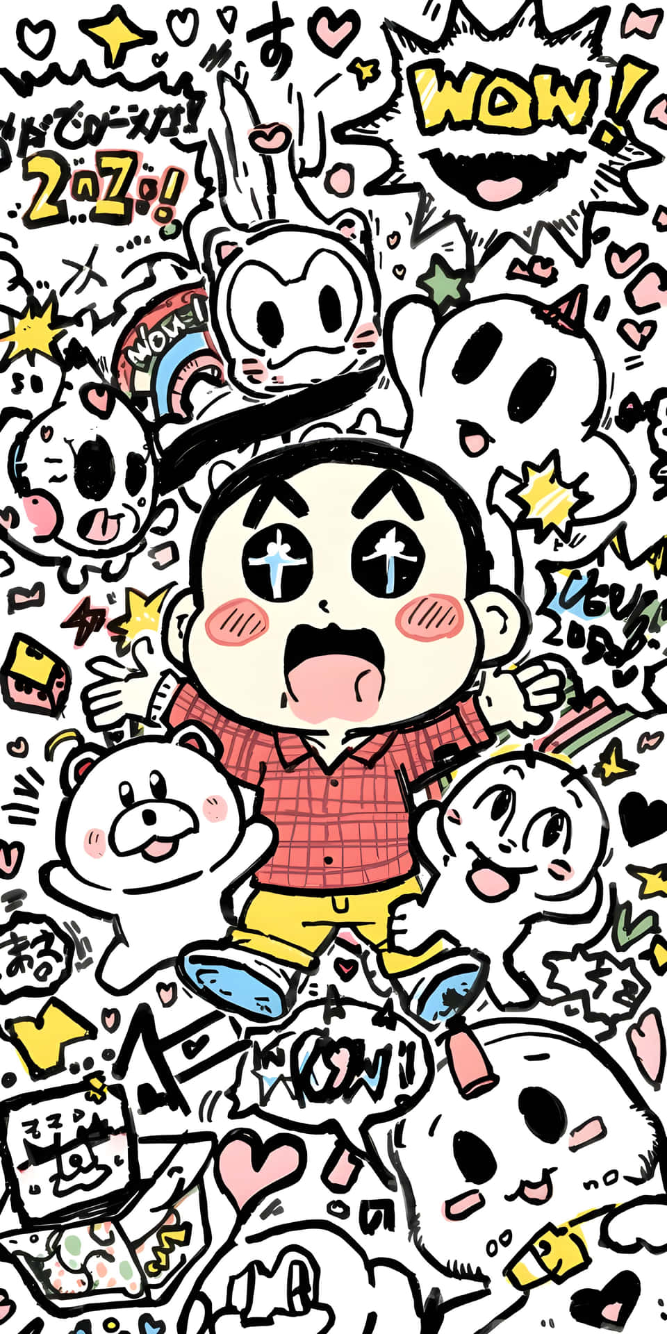 Cute Japanese Manga Boy Pop Art Doodle Wallpaper 壁紙 — 一個穿著紅色格紋襯衫的卡通男孩，被漂浮的可愛鬼魂、心形、星星和喊著「哇」的對話框包圍，呈現混亂歡樂的塗鴉風格。
