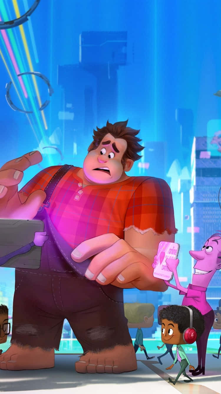 Animated 桌布 壁紙 — 一個穿著紅色格紋襯衫的巨型動畫角色拿著平板電腦，而一個細小的紫色角色在發光的藍色未來城市背景下遞上一張粉紅色卡片。