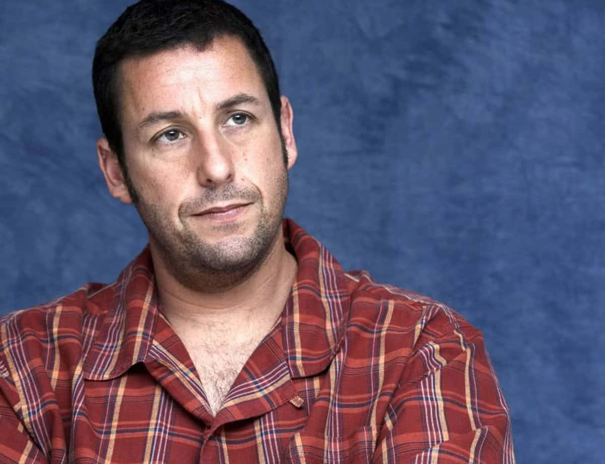 Adam Sandler 桌布 壁紙 — 一個穿著紅色格紋襯衫的男人，在帶有紋理的藍色背景下若有所思地凝視。