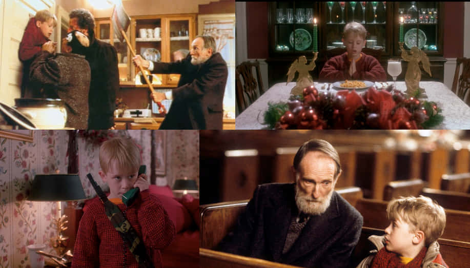 Home Alone 桌布 壁紙 — 一個穿著紅色毛衣的小男孩在一個裝飾著節日裝飾的木製餐廳裡，與一個嚴肅的鬍鬚男人一起度過緊張的節日晚餐。