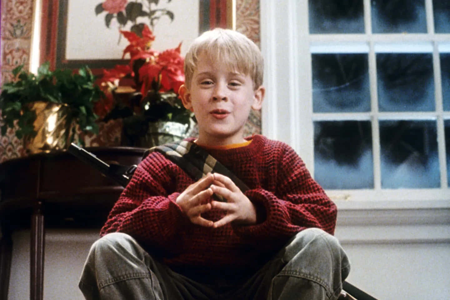 Home Alone 桌布 壁紙 — 一個穿著紅色毛衣的小男孩坐在室內靠近窗戶的地方，身後有聖誕紅和裱框藝術品。