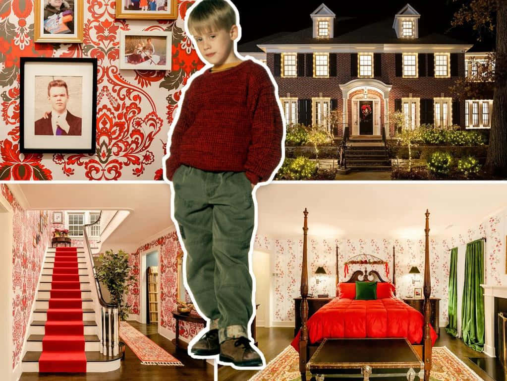 Home Alone 桌布 壁紙 — 一個穿著紅色毛衣的小男孩站在他標誌性房屋內部和外部夜間的拼貼畫前。