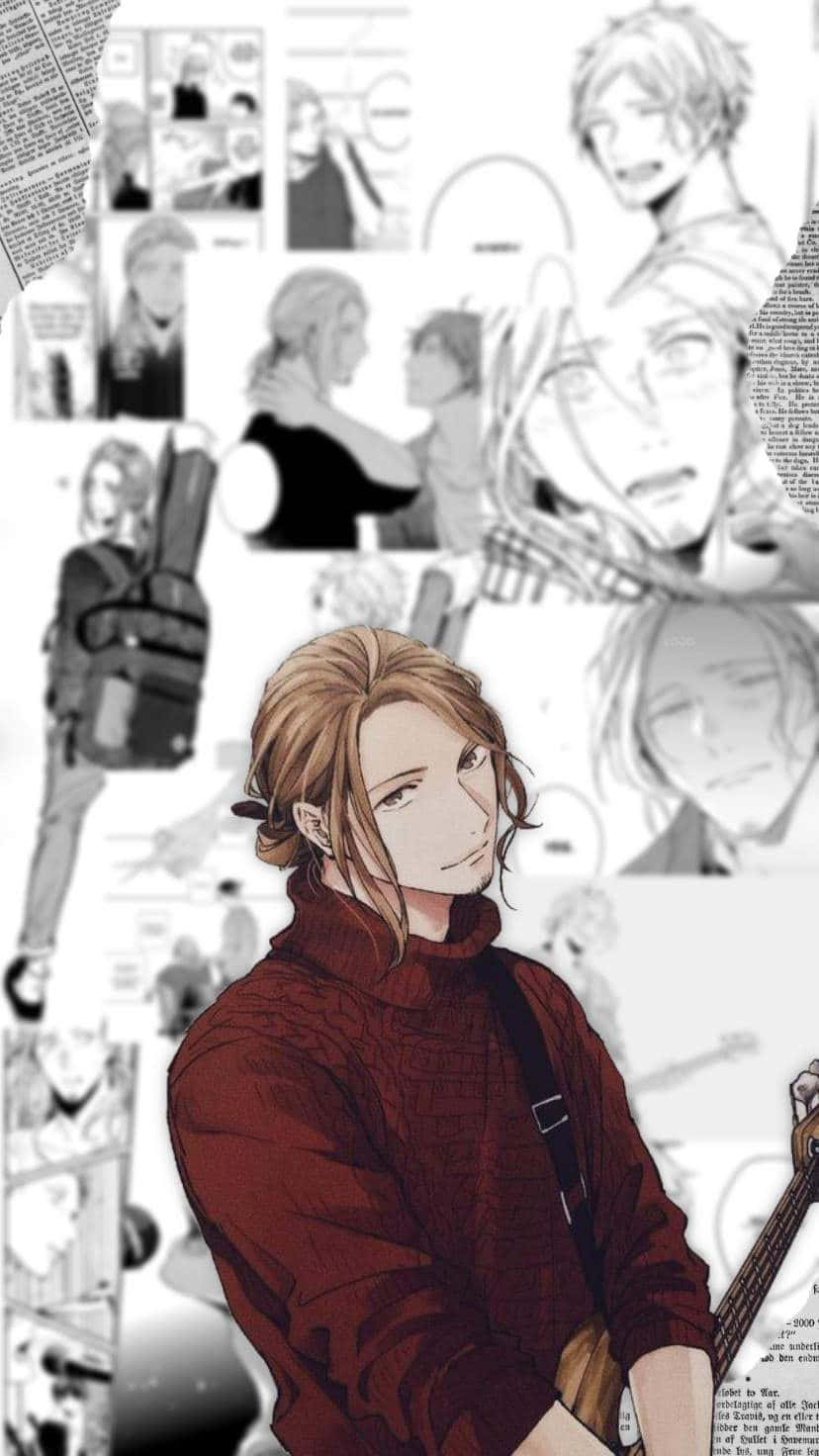動漫男孩 桌布 壁紙 — 一個穿著紅色毛衣的年輕男子，拿著吉他，背景是漫畫面板和報紙剪報的拼貼畫。