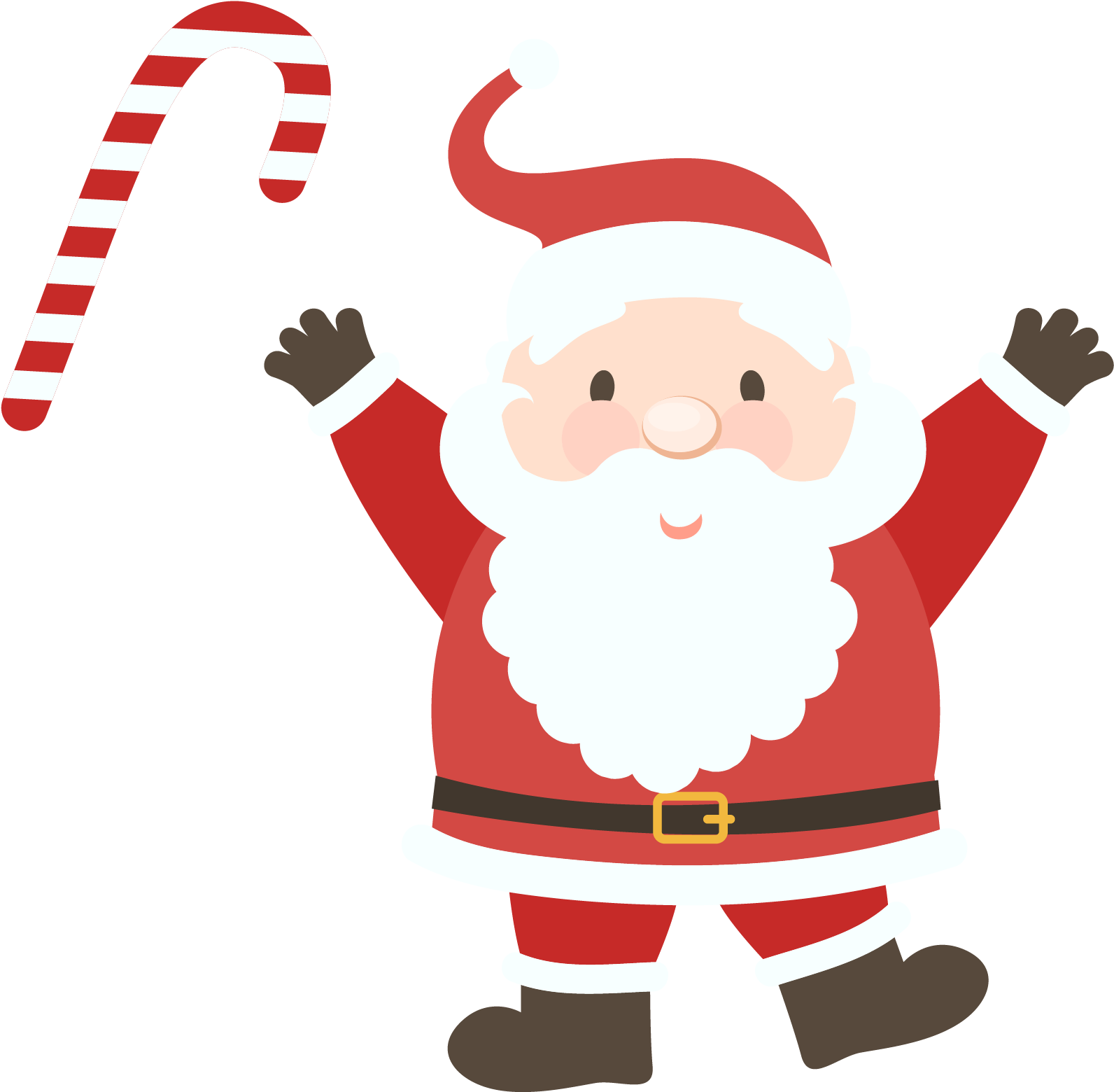 聖誕老人 桌布 壁紙 — 一個穿著紅色白邊西裝的快樂卡通聖誕老人，在黑色背景前拿著拐杖糖，高興地舉起雙臂。